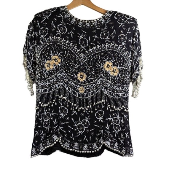 Black Tie Vintage Beaded with Pearls Evening Top Sz M Oleg Cassini - Picture 1 of 8